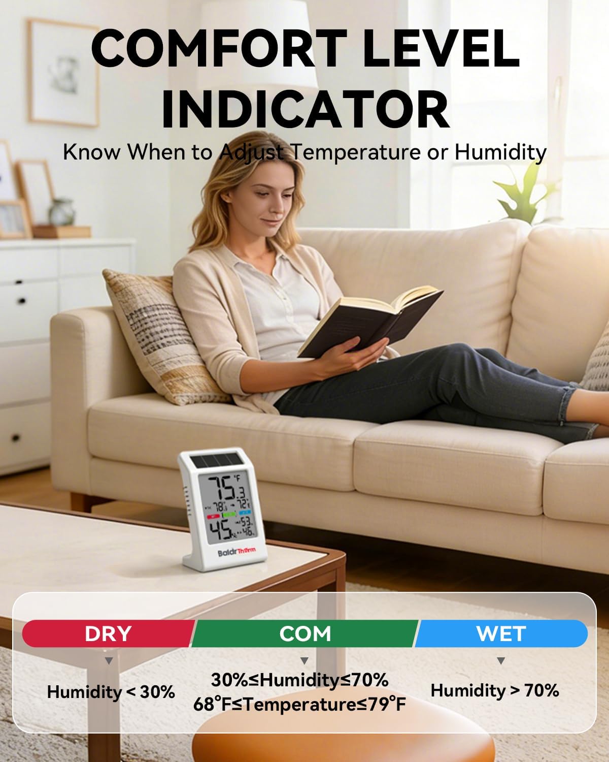 BALDR Solar Indoor Thermometer Hygrometer, Max/Min, Comfort Meter (White) | Solar & Battery Dual Power |No Setup or App Required |Clear Comfort Level Indicator |Flexible Desk or Wall Placement