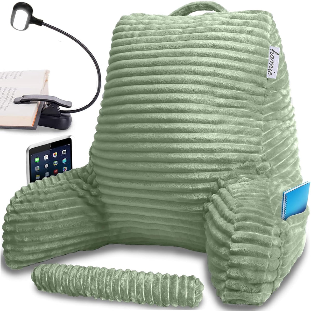Homie Reading Pillow with Reading Light and Wrist Support, Has Arm Rests, and Back Support for Bed Rest, Lounging, Reading, Working on Laptop, Watching TV (Gray)