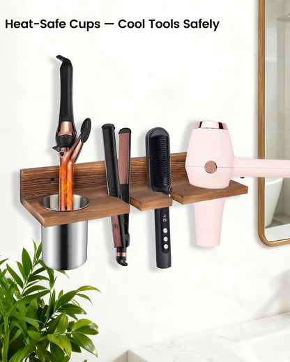 Hair Tool Organizer for Bathroom – Wall Mounted Hair Dryer Holder with Heat-Resistant Cups, Curling Iron & Straightener Rack, Blow Dryer Organizer for Vanity or Wall (Black)