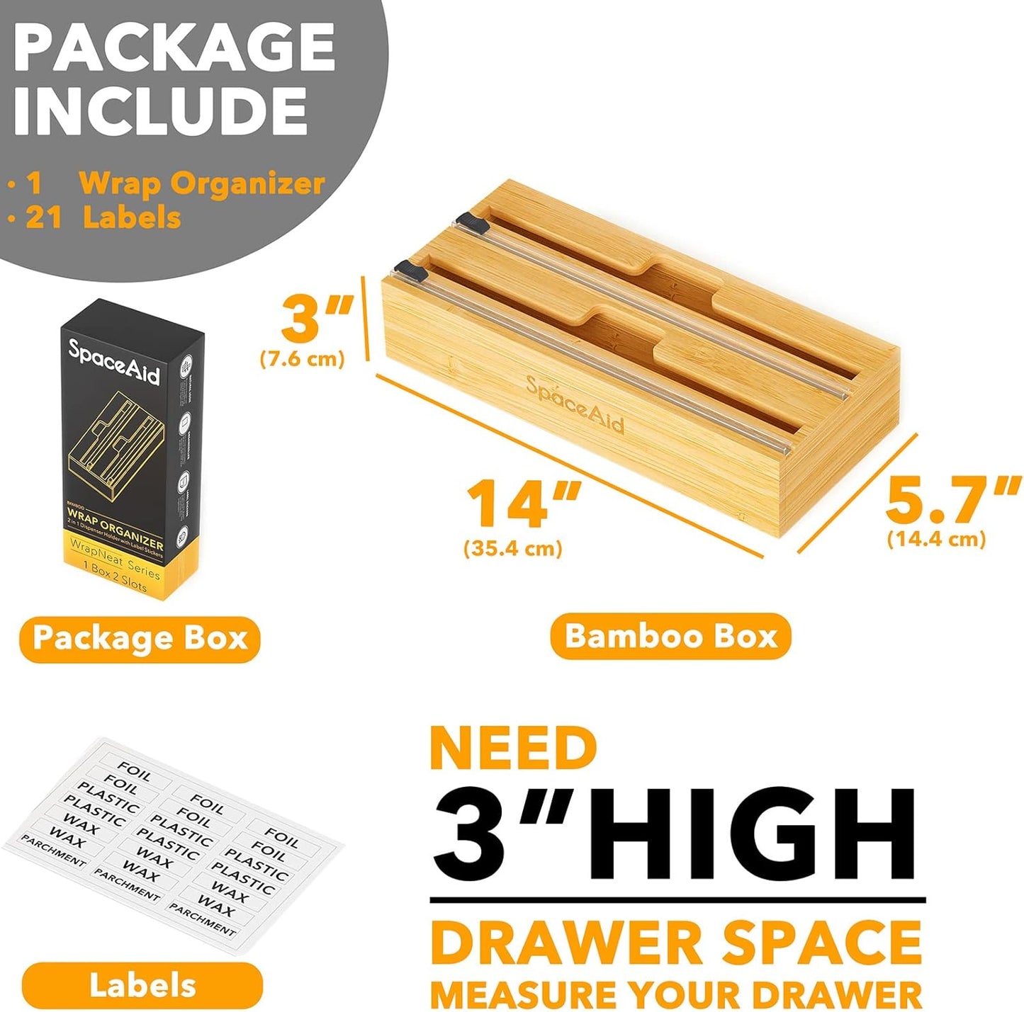 SpaceAid WrapNeat 2 in 1 Wrap Organizer with Cutter and Labels, Plastic Wrap, Aluminum Foil and Wax Bamboo Dispenser for Kitchen Storage Organization Holder for 12" Roll (Natural)