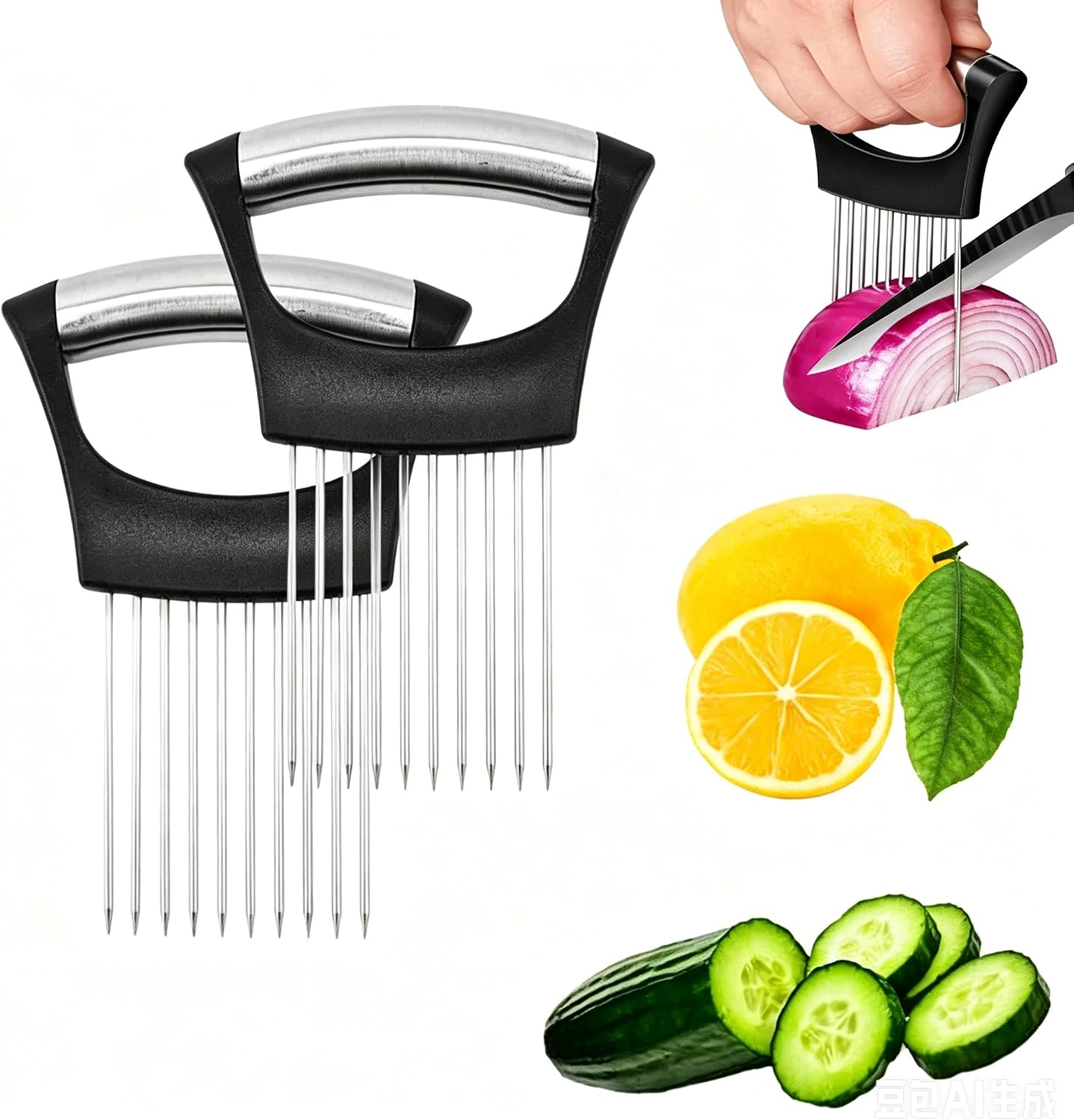 2Pcs Stainless Steel Onion Holder for Slicing, Onion Slicer Holder | Onion Cutter for Slicing of Onions, Food Vegetable Chopper, Tomatoes, Avocados, Eggs and Other Vegetables, Kitchen Utensils