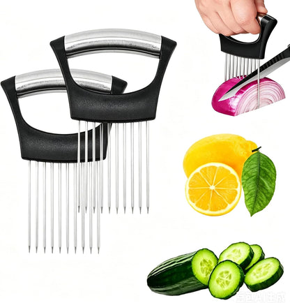 2Pcs Stainless Steel Onion Holder for Slicing, Onion Slicer Holder | Onion Cutter for Slicing of Onions, Food Vegetable Chopper, Tomatoes, Avocados, Eggs and Other Vegetables, Kitchen Utensils