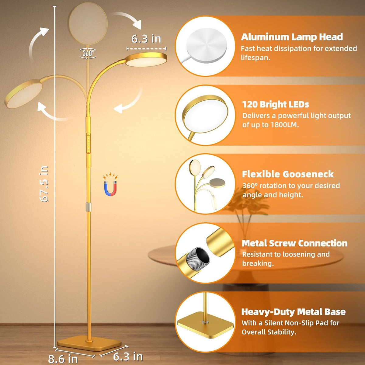 PACOVY Floor Lamp, Adjustable Height Floor Lamps for Living Room Bedroom, 120 LED Super Bright Standing Lamp Remote & Touch Control Dimmable Gooseneck Tall Stand Reading Lamp for Office Craft, Black
