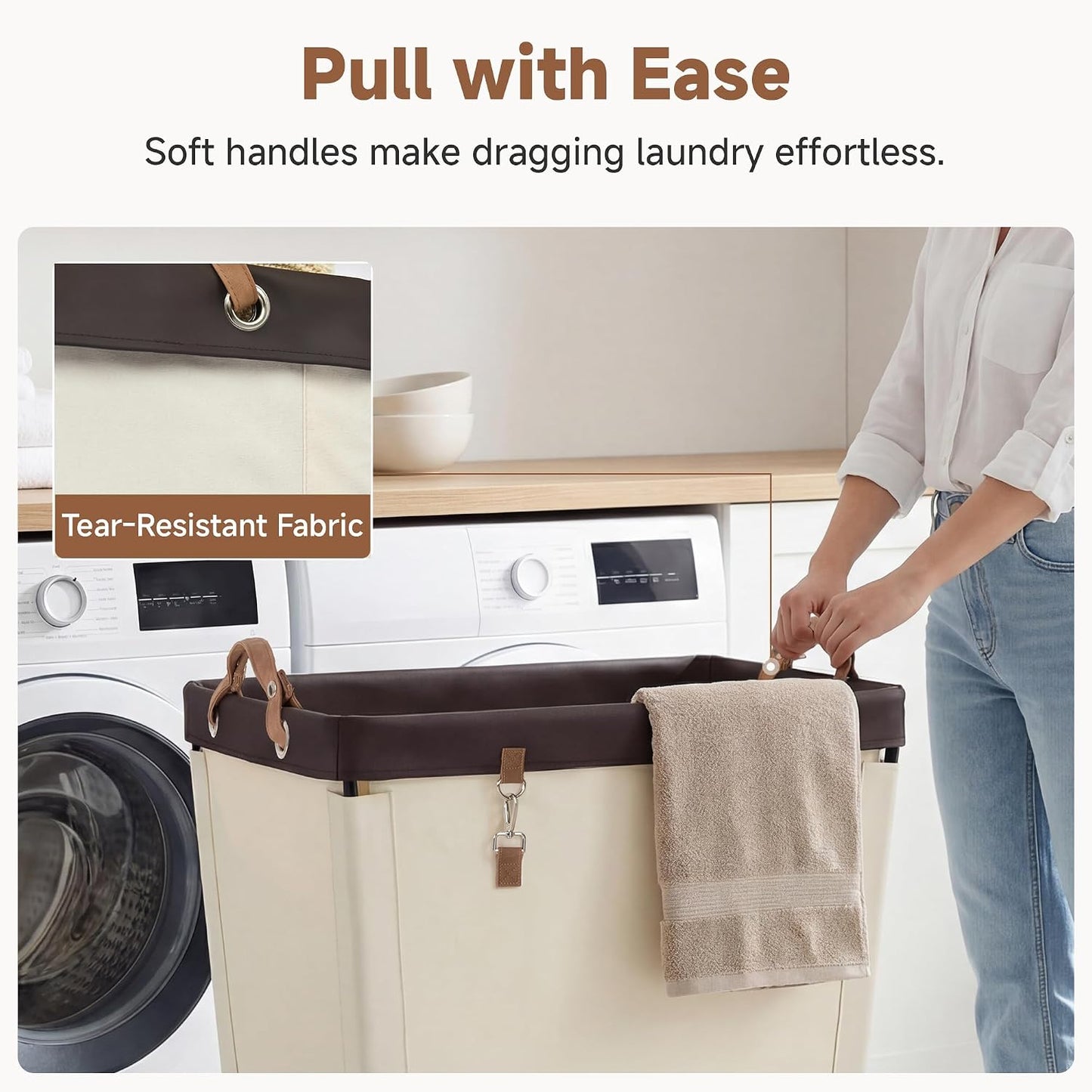 StorageWorks 160L Laundry Basket with Wheels, Rolling Hampers for Clothing | Beige Laundry Basket with Wheels, Metal Frame & Handles, Rolling Hamper for Bedroom, Bathroom, Dorm, Hotel