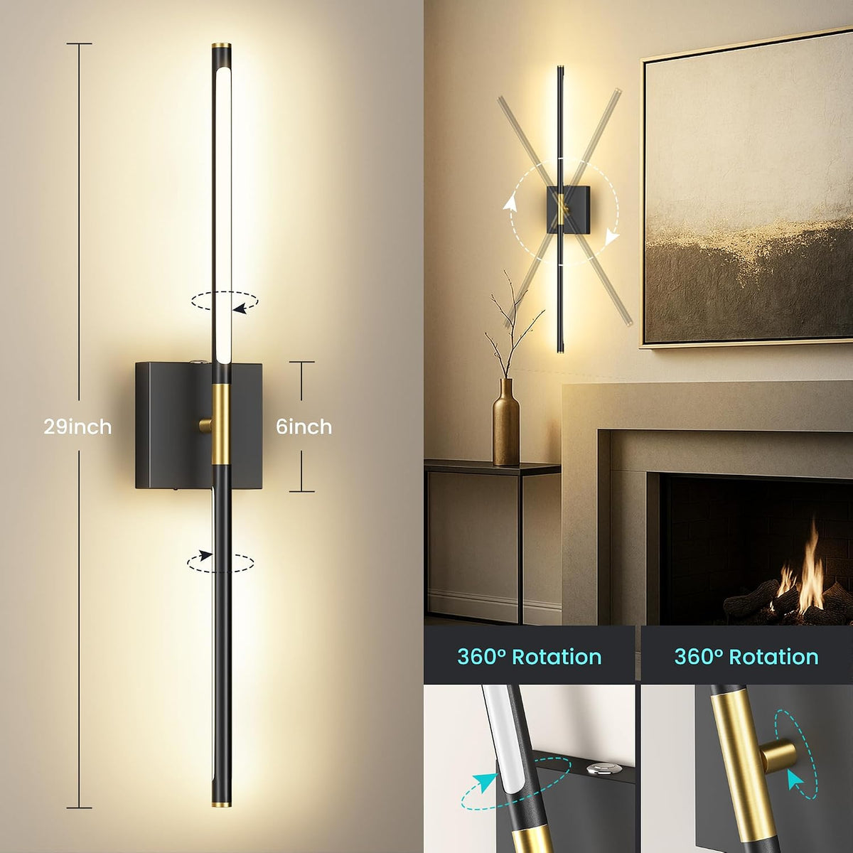 10000mAh Rechargeable Wall Lights, Black Gold, 29 Inch, 3CCT, 2 Pack