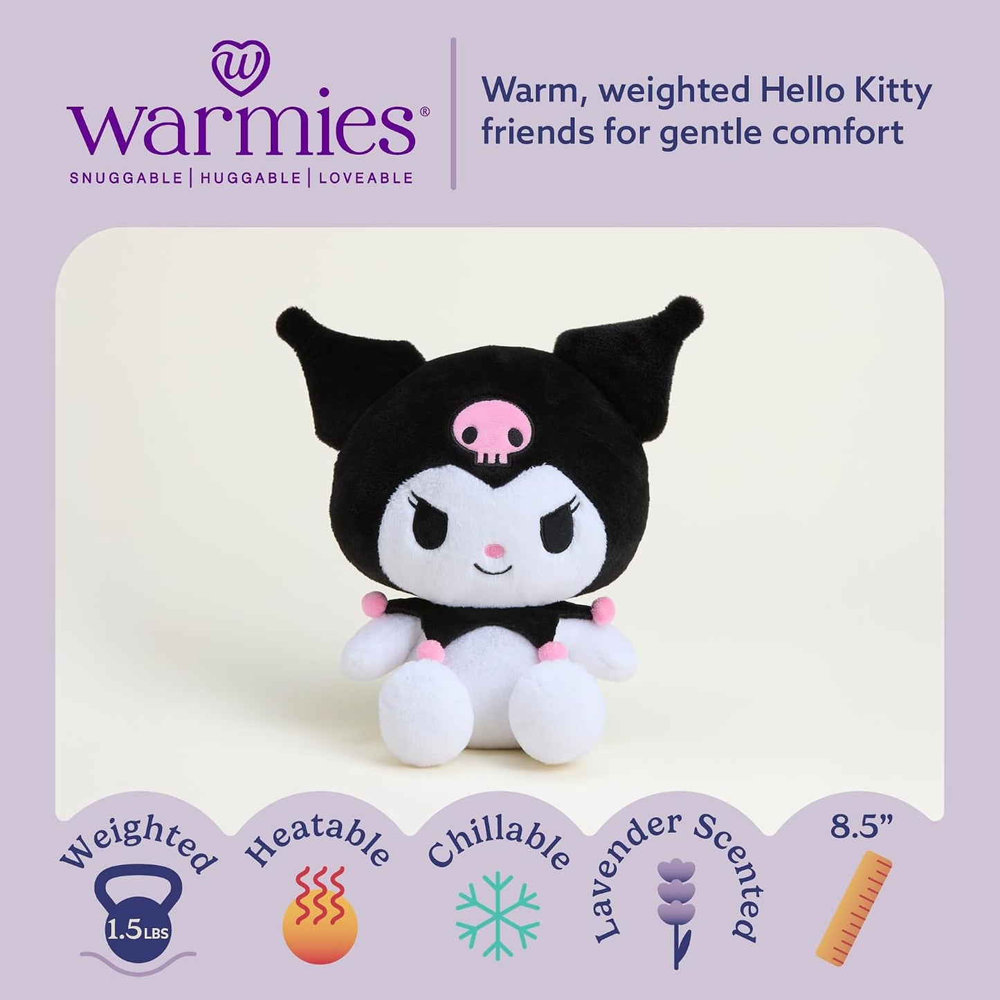 warmies x Hello Kitty - Microwavable & Weighted Stuffed Animals, Kuromi - Heated Stuffed Animal Plushie for Warmth & Comfort - Scented Soft Plush Toys for Adults & Children (Boys & Girls)