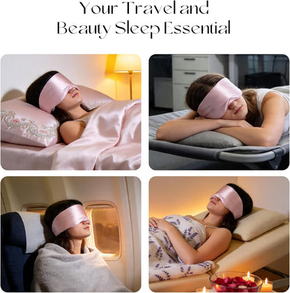 Silk Sleep Mask 22 Momme 100% Mulberry Silk & 3.5cm Silk Hairband Set for Side Sleeper Women Men,Light Blocking Nose Pad, Adjustable Silent Strap,Eye Mask fo Home & Travel Use (Pink)
