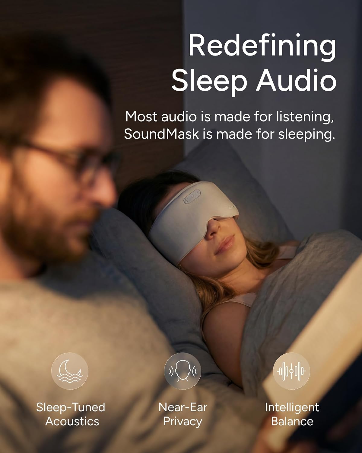 Sleenova SoundMask - Sleep Mask with Built-in Tuned Sleep Audio, Side Sleeper Optimized, Phone-Free Sleep & Nap, Bluetooth Modes, Soft Black