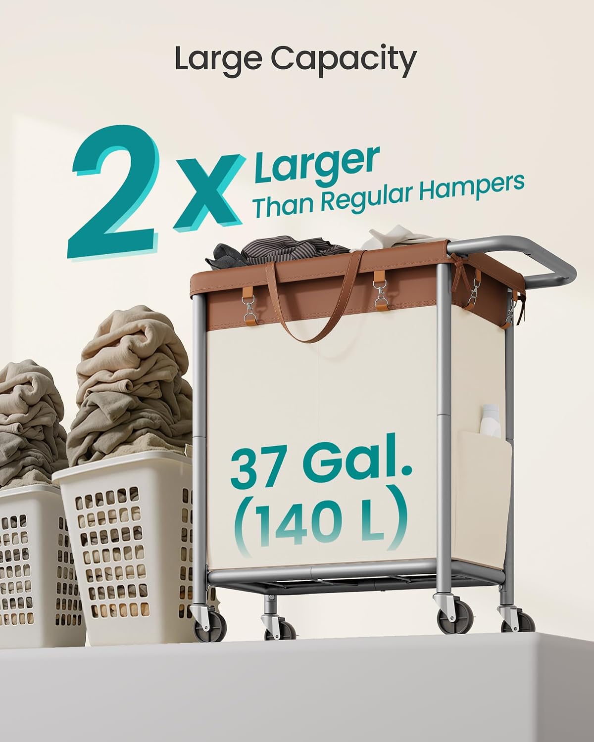 SONGMICS Laundry Basket with Wheels, 4-Section Rolling Laundry Hamper, 68.6 Gallons (260 L), Removable Liner, Steel Frame with Handle, 43.3 x 15.4 x 31.9 Inches, Cream White URLS014W01