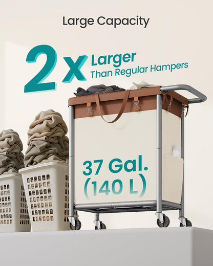 SONGMICS Laundry Basket with Wheels, 4-Section Rolling Laundry Hamper, 68.6 Gallons (260 L), Removable Liner, Steel Frame with Handle, 43.3 x 15.4 x 31.9 Inches, Cream White URLS014W01