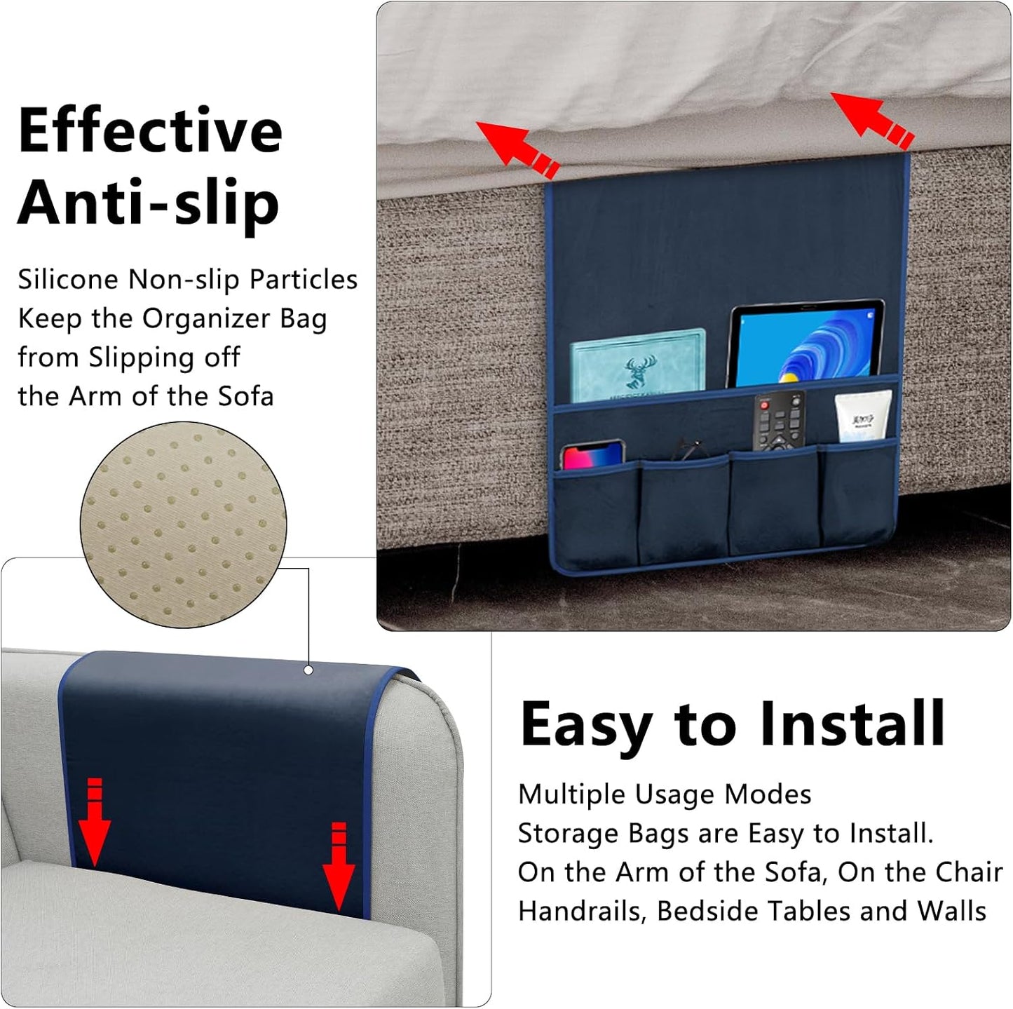 Remote Control Holder for Armchair Caddy, Remote Holder with 5 Pockets | Couch TV Remote Holder with Non-Slip Base, Bedside Caddy Organizer for Key Glasses Phone Magazine (Blue, 35"x12.4")