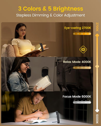 Glocusent Extendable Book Lights for Reading at Night, 5 Enhanced Brightness & 3 Colors with Sleep Aid & Timers, Clip on USB Rechargeable Reading Light for Books in Bed, Ideal Book Lovers Gifts