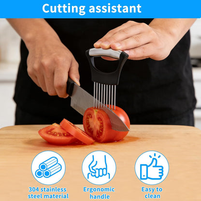 Onion Slicer Holder with Protective Case | Stainless Steel Onion Cutter Tool for Kitchen, Lemon, Potato, Tomato, Avocado, Vegetable & Fruit Slicing Assistant