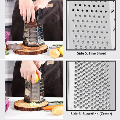 Box Grater, Cheese Grater Shredder Stainless Steel with 6 Sides, Best for Parmesan Cheese, Vegetables, Potatoes, Carrot, Ginger, Mandoline Vegetable Slicer with Detachable Container, Silver