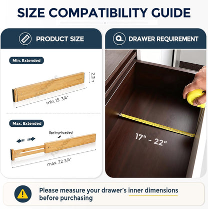 Fabsome Drawer Divider 6 Pack, Bamboo Dresser Organizers for Clothes Socks Underwear Baby Clothing, Wooden Separators for Nursery Organization Adjustable from 12.5'' to 17'' with Soft Foam Ends