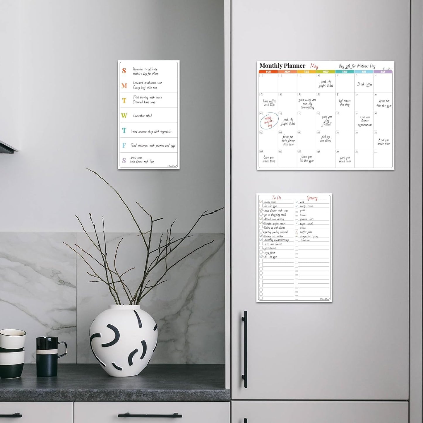 Non-Magnetic Dry Erase Calendar Set for Fridge - Reusable Monthly and Weekly Calendar Sticks to Most Smooth Surfaces - 6 Dry Erase Markers Included - Shipped Flat