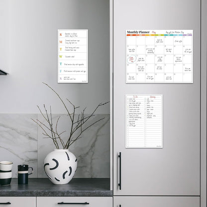 Non-Magnetic Dry Erase Calendar Set for Fridge - Reusable Monthly and Weekly Calendar Sticks to Most Smooth Surfaces - 6 Dry Erase Markers Included - Shipped Flat