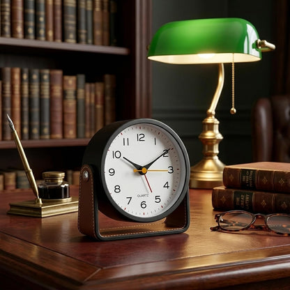 Analog Alarm Clock - 4.5" Silent Non Ticking Small Clock with Light, Rotatable Stand Metal Desk Clock Battery Operated, Simple Design for Living Room Decor/ Bedroom/Bedside/Shelf (Black & White)