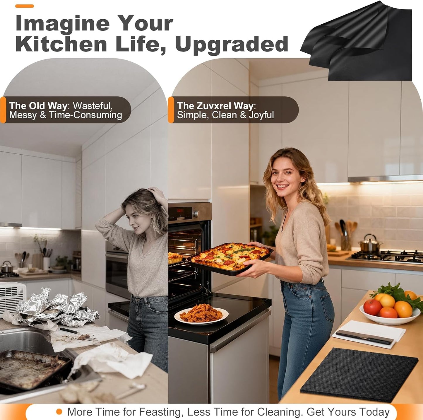 4 Pack Oven Liners for Bottom of Toaster Oven, Reusable Non-Stick | 11.6" x 11.6" Trim-to-Fit Air Fryer Toaster Oven Liner, Compatible with Ninja, Breville, Cosori, Cuisinart & Most Ovens
