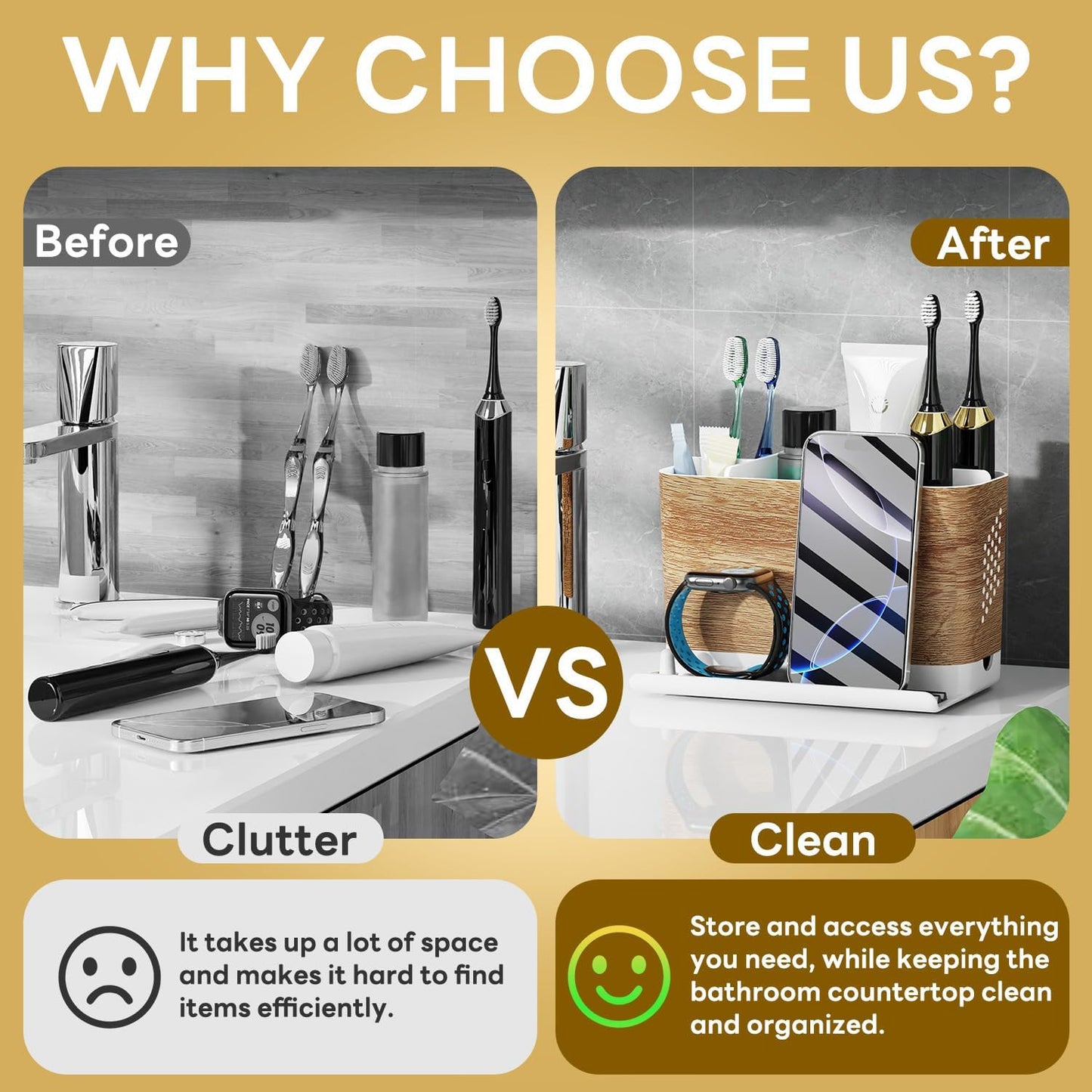 Bathroom Organizers and Storage 6 Slots Wood Grain Electric Toothbrush Holders with Phone Holder and Adjustable Dividers, Cord-Friendly Toothbrush Organizer with Drainage for Family, Kids