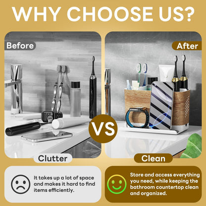 Bathroom Organizers and Storage 6 Slots Wood Grain Electric Toothbrush Holders with Phone Holder and Adjustable Dividers, Cord-Friendly Toothbrush Organizer with Drainage for Family, Kids