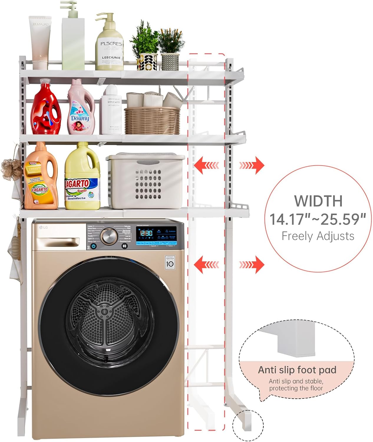Carbon Steel Over Washer and Dryer Shelf, 2 Tier Bulkhead Laundry Room Storage and Organization Riser, Above Toilet Rack, (14.17“-25.59”) W*15.75 “D*63.39 ”H, Gray
