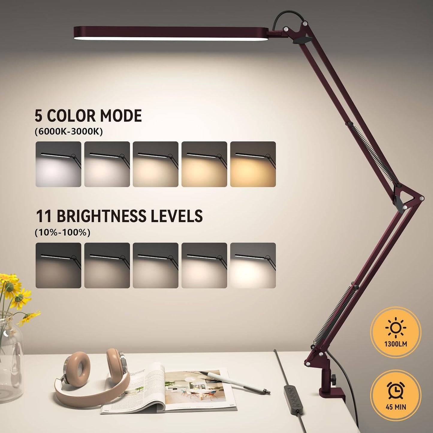 SKYLEO Desk Lamp for Home Office, Eye Comfortable LED Desk Light for Long Hours, Adjustable Swing Arm with Memory Function, Black