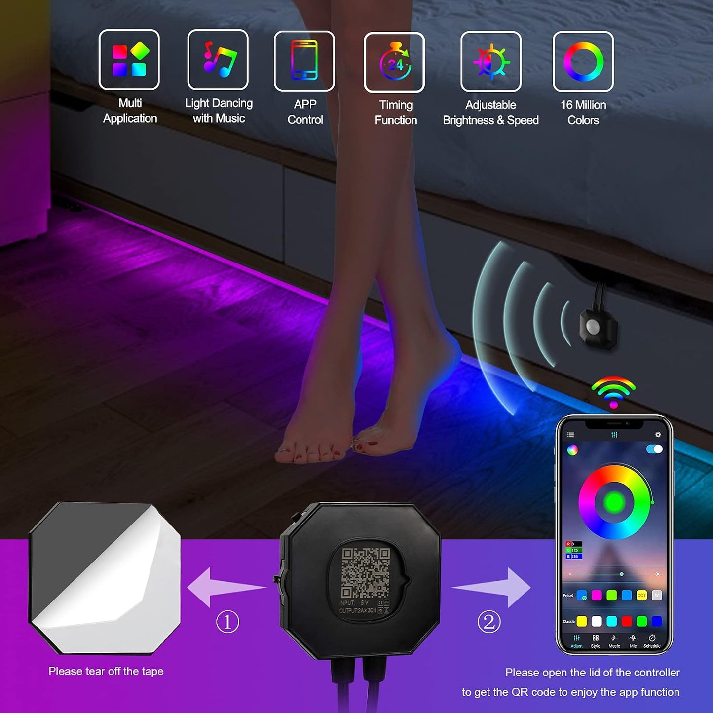 Under Bed Lights 2 Set*9.84ft Motion Activated RGB LED Strip Light, App Control/Variety Color/Dimmable/Dynamic Music Sync/5V USB, Motion Sensor LED Strip Light for Bed Cabinet Staircase Bedroom