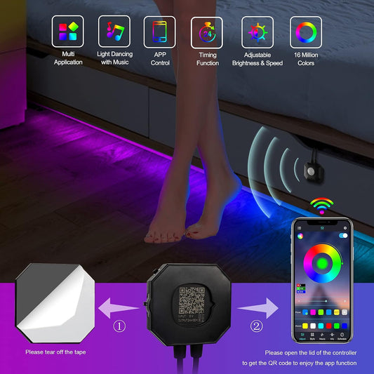 Under Bed Lights 2 Set*9.84ft Motion Activated RGB LED Strip Light, App Control/Variety Color/Dimmable/Dynamic Music Sync/5V USB, Motion Sensor LED Strip Light for Bed Cabinet Staircase Bedroom