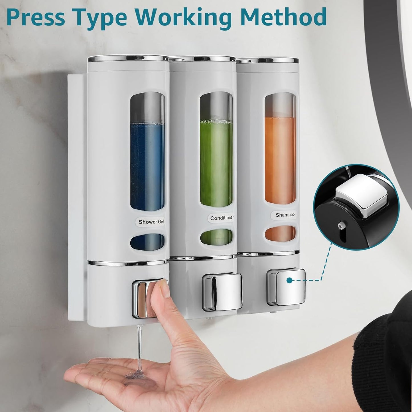 Pollock Shampoo and Conditioner Dispenser Wall Mounted,400ML*3 Chamber | Shower Soap Dispenser No Drilling,Refillable Shampoo Dispenser for Shower,Body Wash Dispenser for Bathroom,White