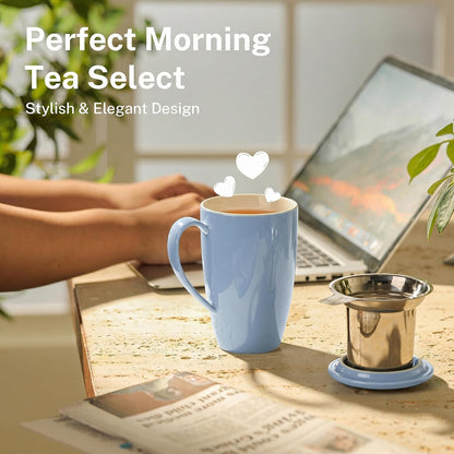 Sweese 15oz Porcelain Tea Mug with Infuser and Lid – Microwave Safe, Ergonomic Handle, Lead-Free Glaze, for Loose Leaf Tea