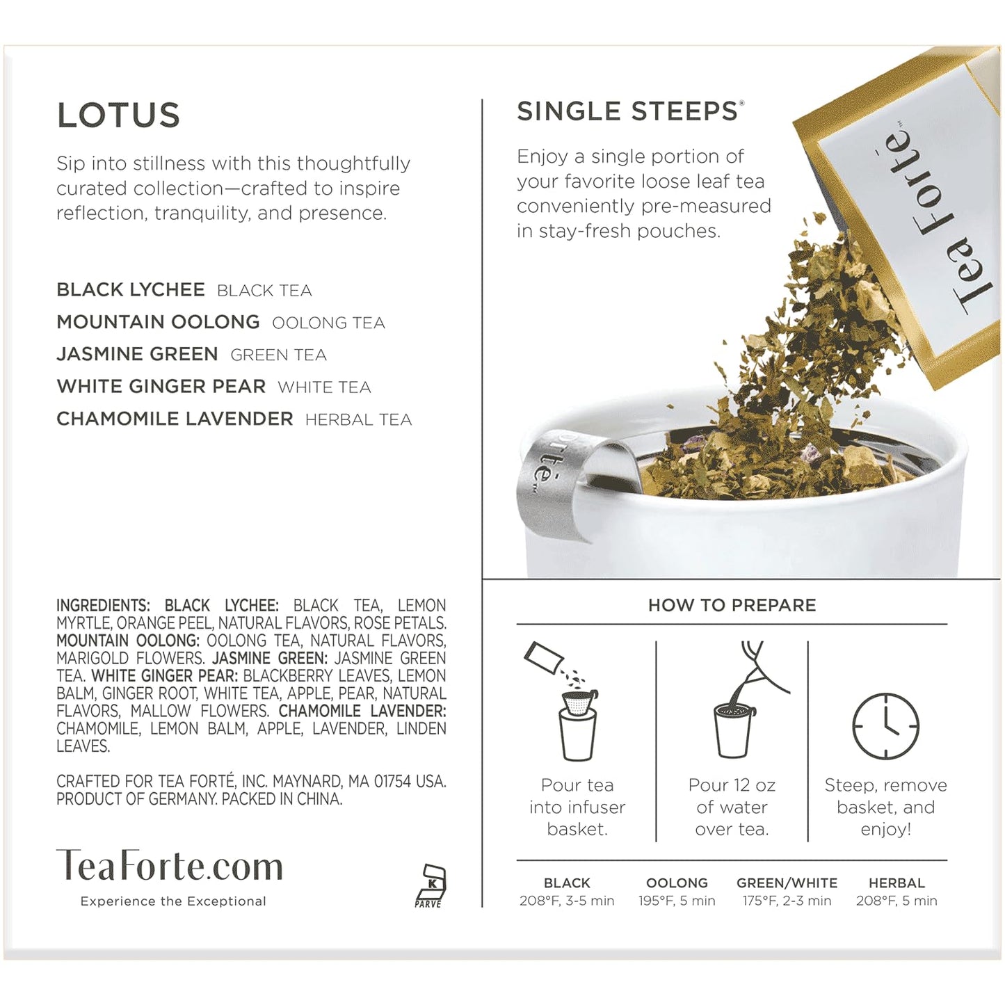 Tea Forte Single Steeps Tea Sampler, Lotus, 15 Pouches | 15 Single Serve Loose Leaf Bags - Premium Handcrafted Tea Blends - Giftable Presentation Box