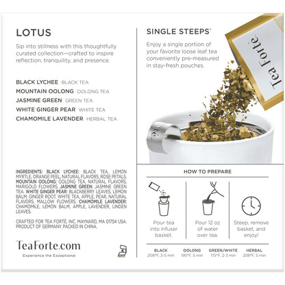 Tea Forte Single Steeps Tea Sampler, Lotus, 15 Pouches | 15 Single Serve Loose Leaf Bags - Premium Handcrafted Tea Blends - Giftable Presentation Box