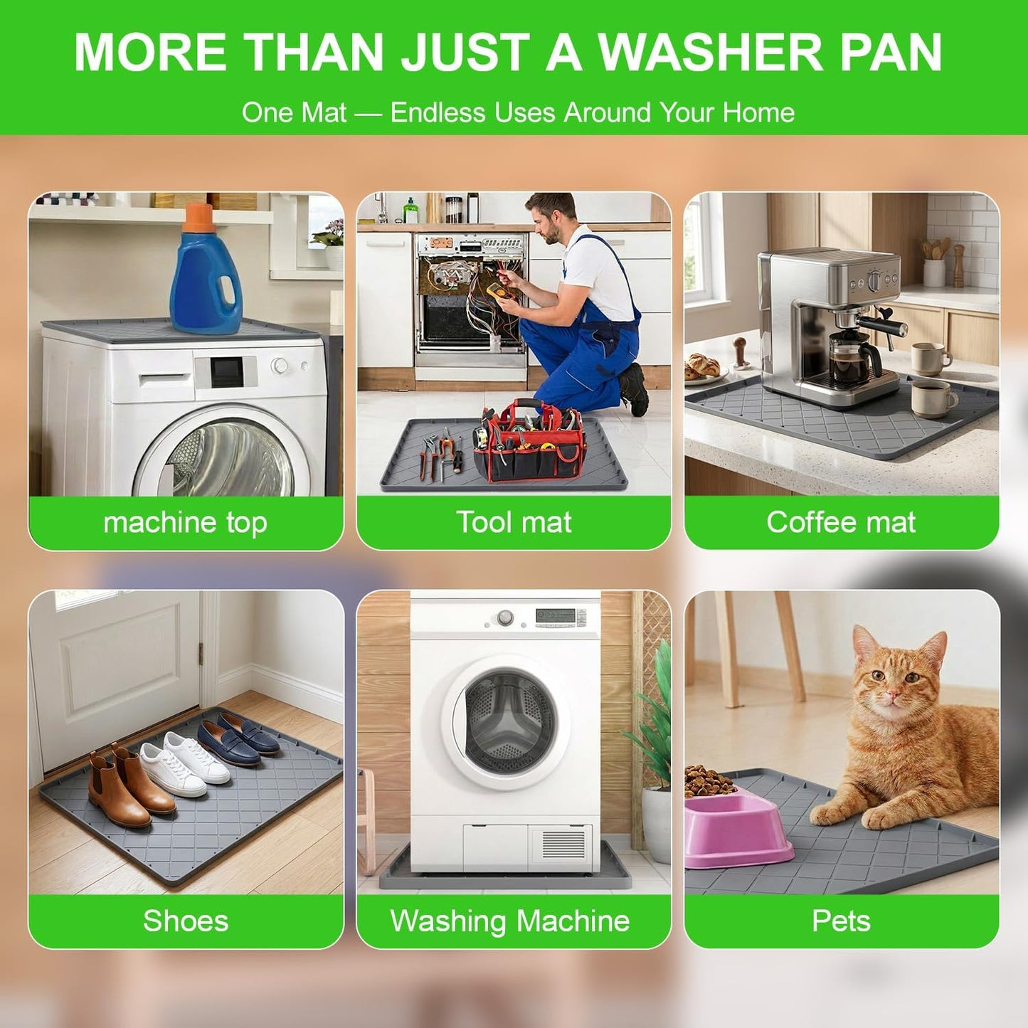Washing Machine Pan, Drain Pan & Drip Pan, 30"x32" Thickened Silicone Mat with 1" Raised Edge, Non-Slip & Waterproof, Foldable Anti-Vibration Floor Protector for Laundry & Dryer - Grey - BLOFK