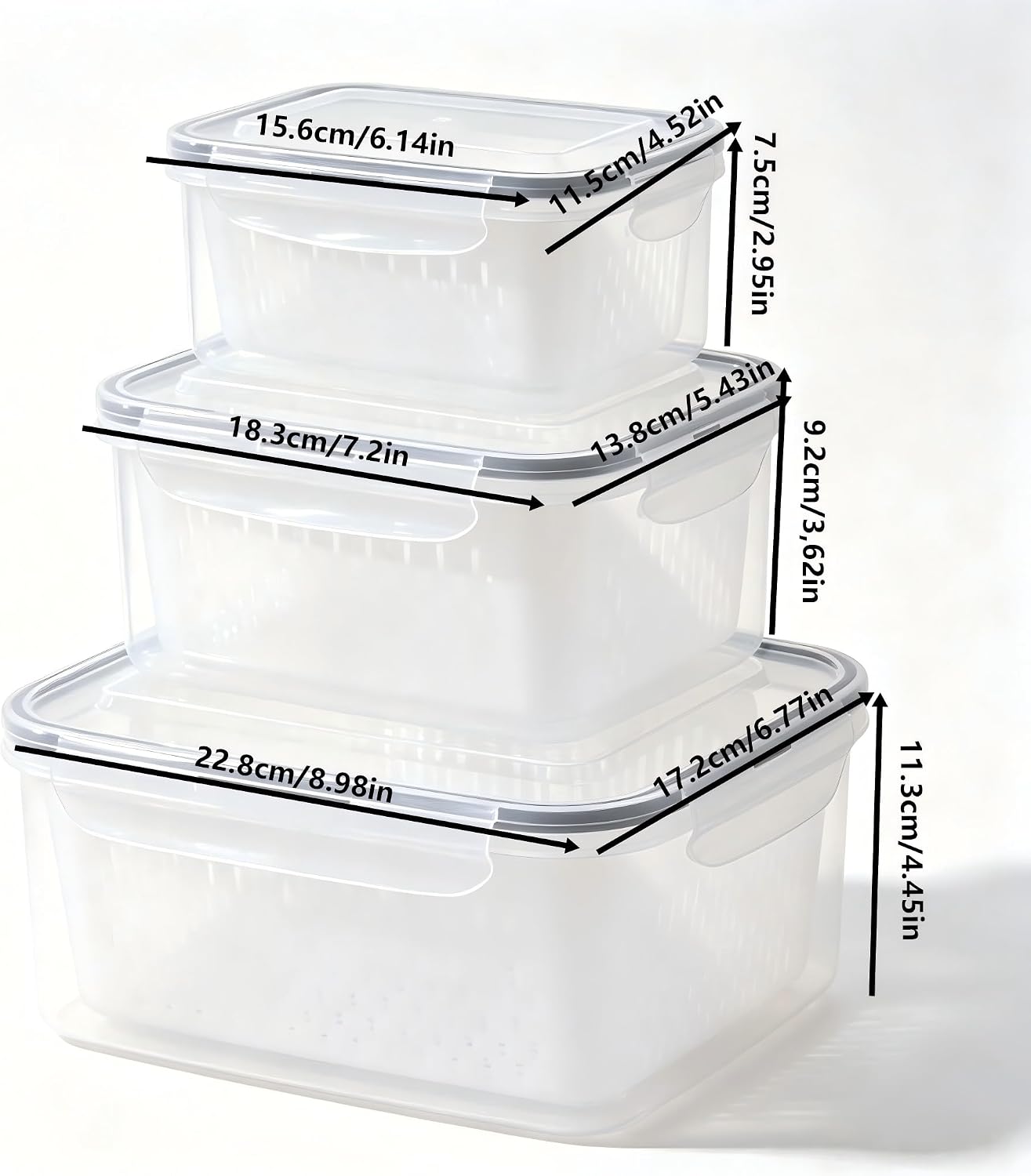 3-Pack Fresh Fruit Storage Containers for Fridge with Strainer & Drain Lid | Produce Keeper with Removable Colander, BPA-Free Plastic Crisper for Berries Vegetables Nuts, Fresh