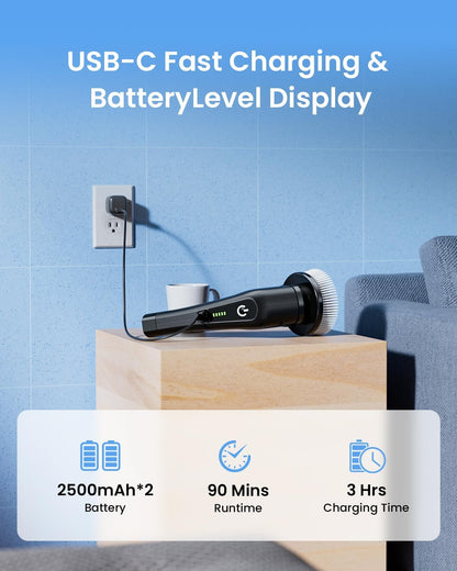 Leebein Electric Spin Scrubber, Cordless Cleaning Brush with 8 Replaceable Brush Heads, Tub and Floor Tile 360 Power Scrubber Dual Speed with Adjustable & Detachable Handle for Bathroom Kitchen Car
