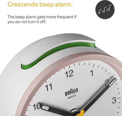 Braun Classic Analogue Alarm Clock with Snooze and Light, Quiet Quartz Movement, Crescendo Beep Alarm in White, Model BC12W.
