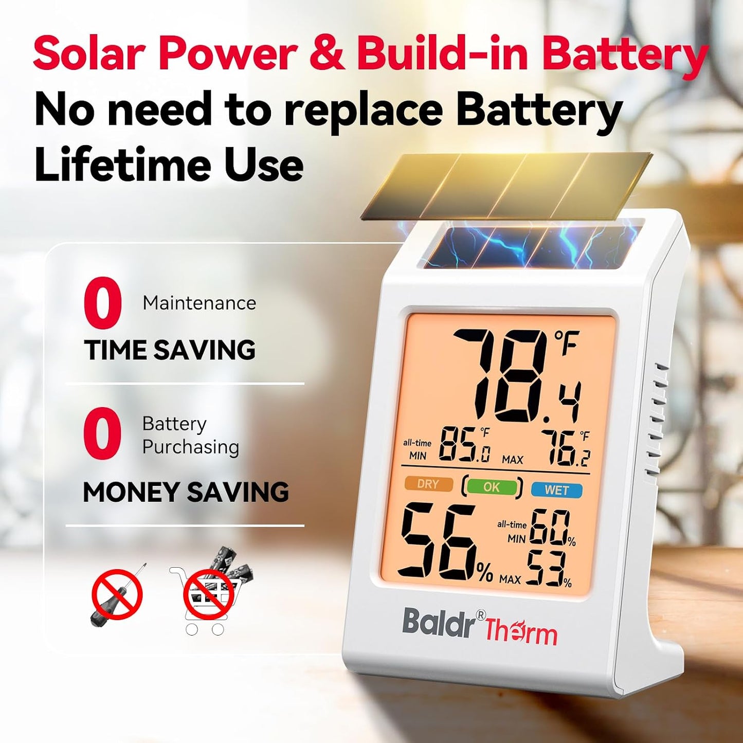 Room Thermometer Indoor, Humidity Meter, 2026 Upgrade Backlit Digital Humidity&Temperature Monitor | Solar Powered | MAX MIN Record | 3.2", for Home, Office, Greenhouse, 1Pack