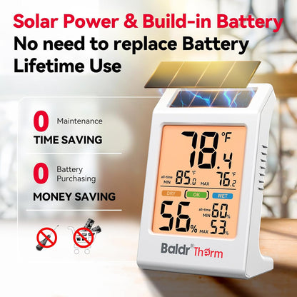 Room Thermometer Indoor, Humidity Meter, 2026 Upgrade Backlit Digital Humidity&Temperature Monitor | Solar Powered | MAX MIN Record | 3.2", for Home, Office, Greenhouse, 1Pack