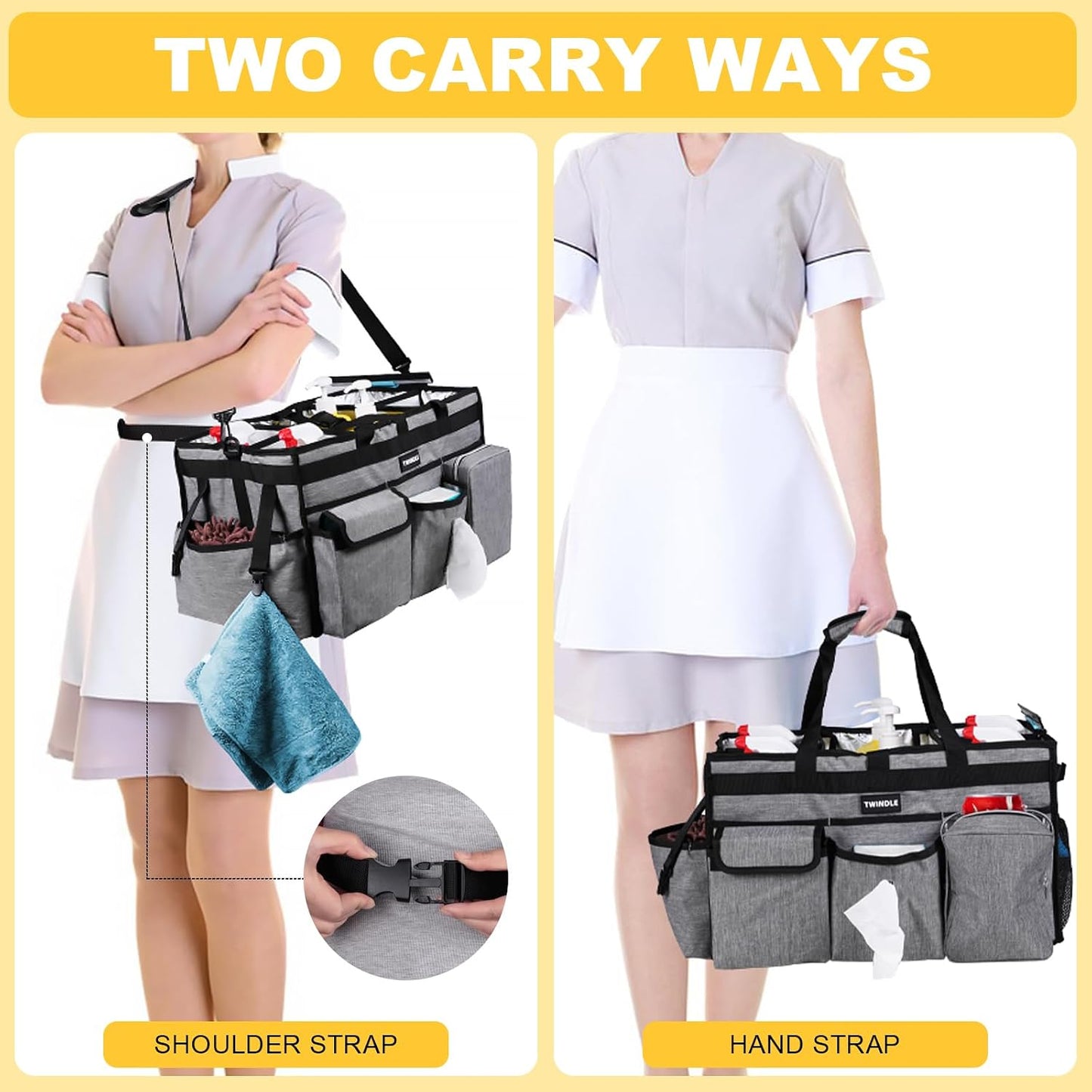 Extra Large Cleaning Caddy Bag with Built-In Support Board, Cleaning Tote Organizer with Removable Divider, Supply Carryall with Adjustable Shoulder Strap and Waist Belt for Cleaners & Housekeeper