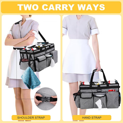 Extra Large Cleaning Caddy Bag with Built-In Support Board, Cleaning Tote Organizer with Removable Divider, Supply Carryall with Adjustable Shoulder Strap and Waist Belt for Cleaners & Housekeeper
