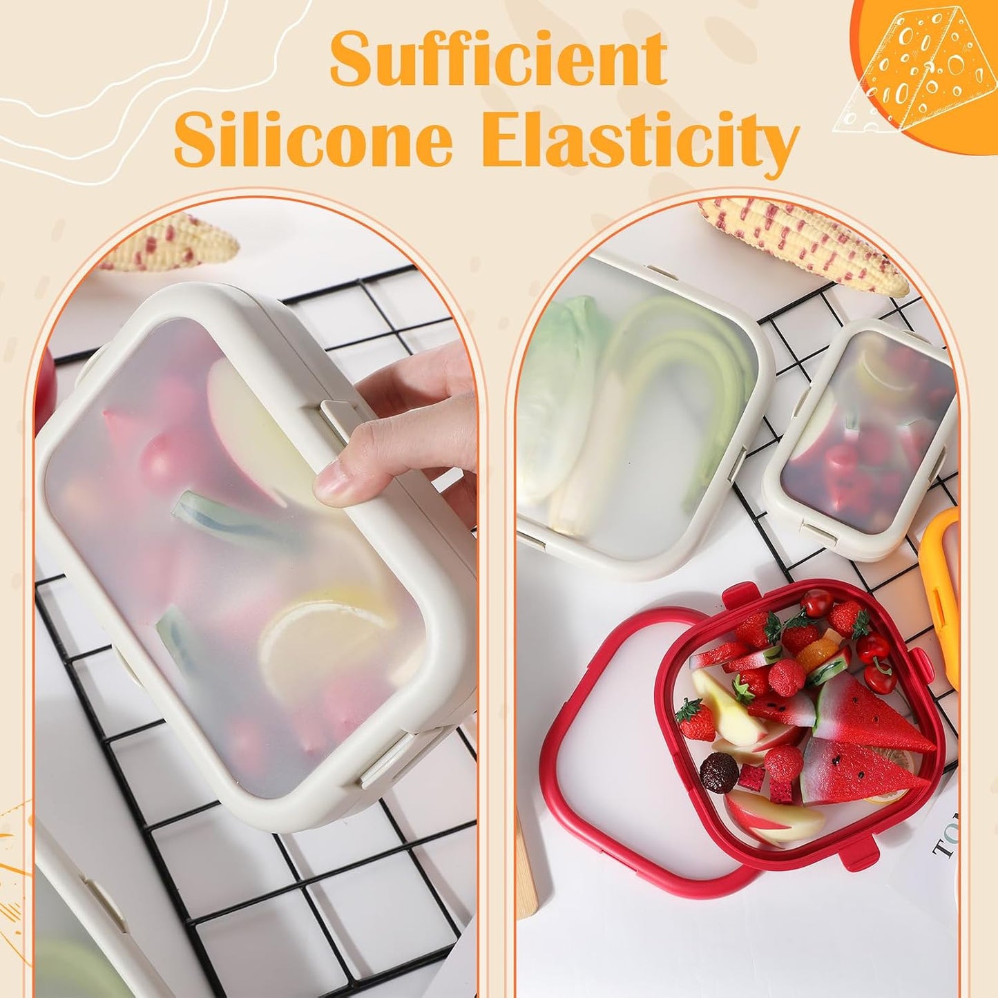 Nuogo 4 Pcs Silicone Food Storage Containers, Fruit Storage Box, Onion Keeper, Avocado Saver, Kitchen Organizers for Fridge, Fresh-keeping Design(Red, White,Orange,7.9 x 7.9 x 1.4 Inches)