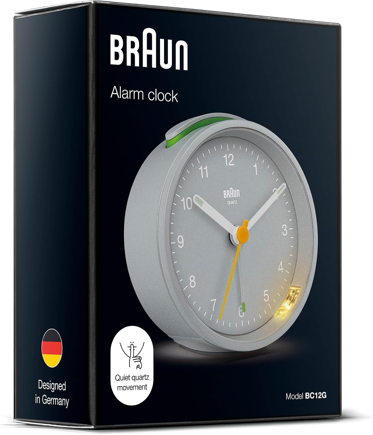 Braun Classic Analogue Alarm Clock with Snooze and Light, Quiet Quartz Movement, Crescendo Beep Alarm in White, Model BC12W.