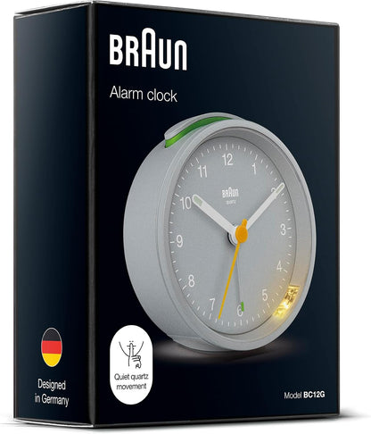 Braun Classic Analogue Alarm Clock with Snooze and Light, Quiet Quartz Movement, Crescendo Beep Alarm in White, Model BC12W.