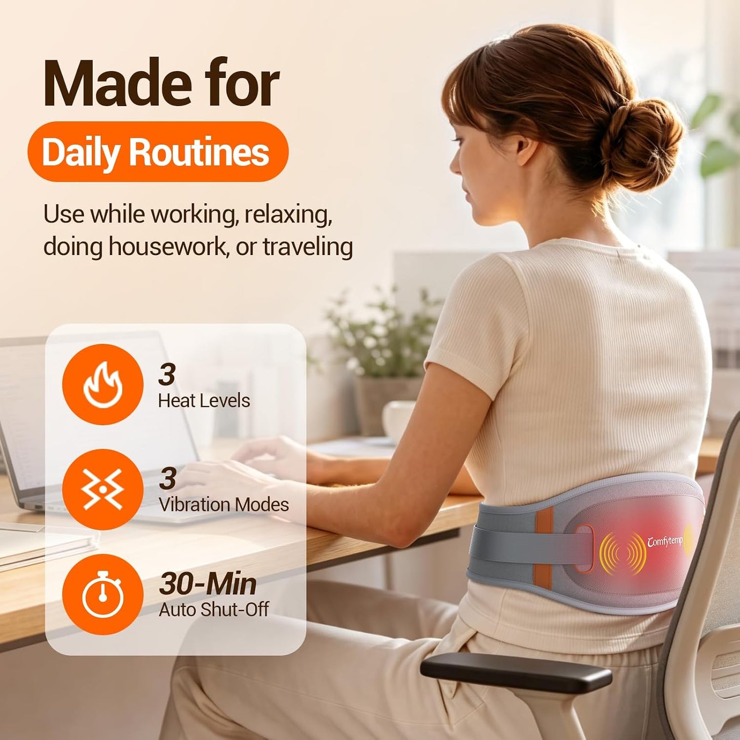 Comfytemp Cordless Heating Pad for Lower Back with Massager Lightweight | Graphene Far Infrared Portable Back Massager, Wearable Rechargeable Heated Waist Belt Wireless, 3 Heat 3 Vibration 30mins Off
