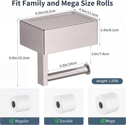 FORIOUS Toilet Paper Holder with Shelf, Wall-Mounted Modern Wipes Dispenser | Brushed Nickel | Toilet Paper Holder with Storage for Bathroom | Fits Wipes, Sanitary Napkin, Tampon | 8.0"x5.3" Large Shelf