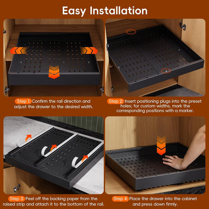 Pull Out Cabinet Organizer, 21"Deep Slide Out Drawers for Kitchen Cabinets | Adjustable Width 12.05"-20.4", For Framed/Frameless cabinets, No Drill Adhesive, 3‑Rail Smooth Glide, Height-Raising Pads
