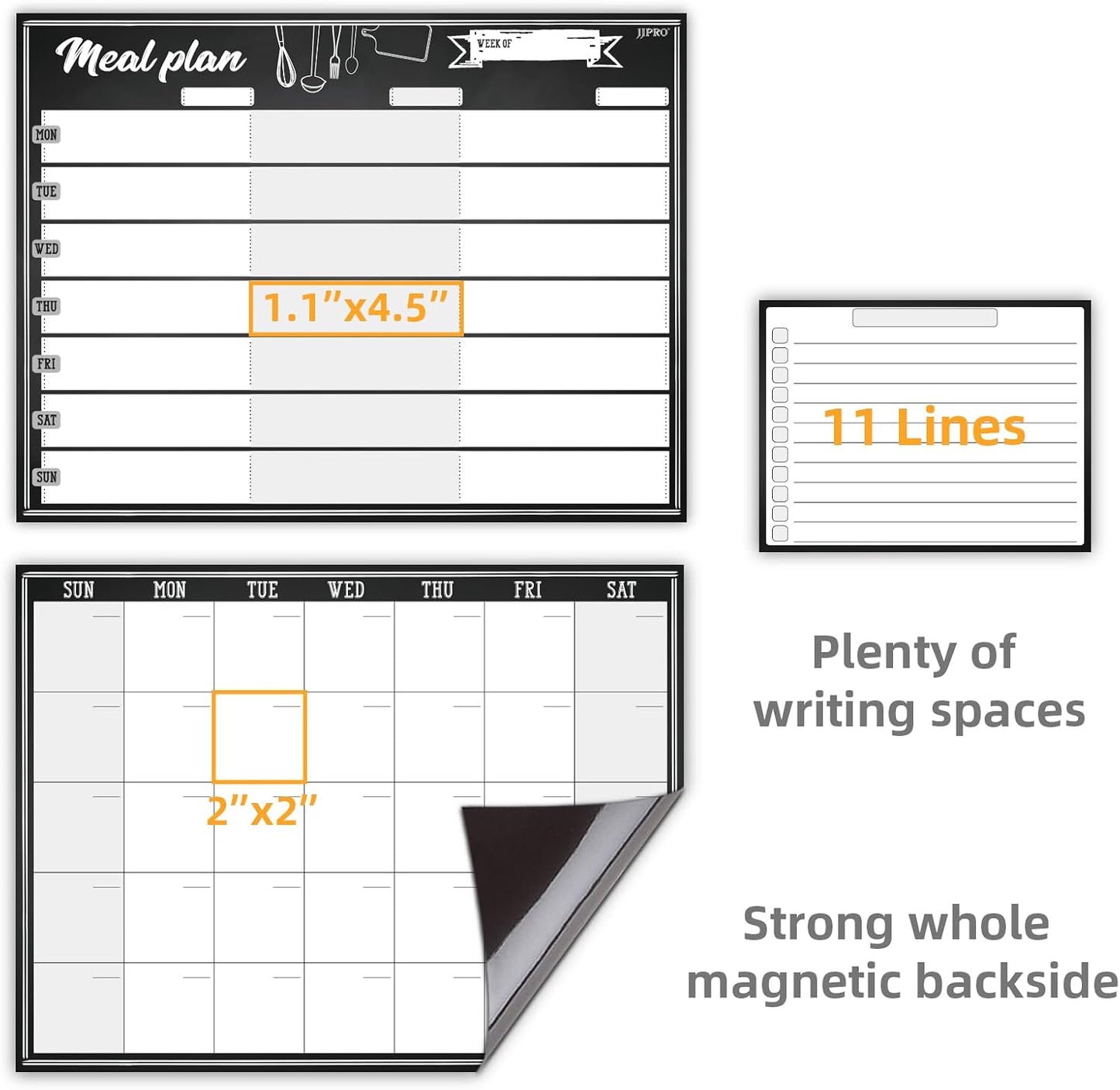 JJPRO Magnetic Dry Erase Meal Planning Whiteboard for Refrigerator-One 14.5x11 Weekly Menu Board and Two Notes Whiteboard for Kitchen Fridge-Refrigerator Organizer with Meal Planner Boards