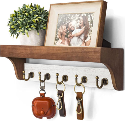 Rebee Vision Key Holder Wall Mount with 5 Hooks for Entryway, Retro Brown | Display Shelf for Plant & Letters, Key Shelf for Hats, Dog Leashes, Mail Organizer, Decorative Entryway & Living Room