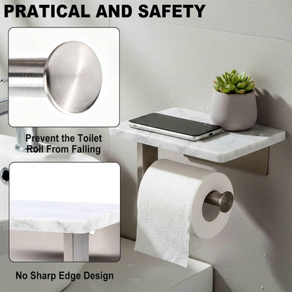 Toilet Paper Holder with Natural Marble Shelf for Bathroom Washroom,Wall Mounted Tissue Holder Suitable for Mega Roll (Brushed Nickel,Small 6.7 * 4.3 in)